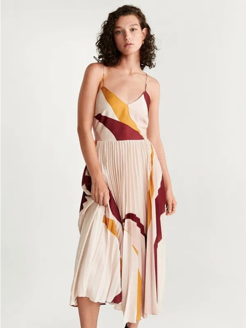 Mango Pleated Midi Dress in Blush, Mustard & Maroon